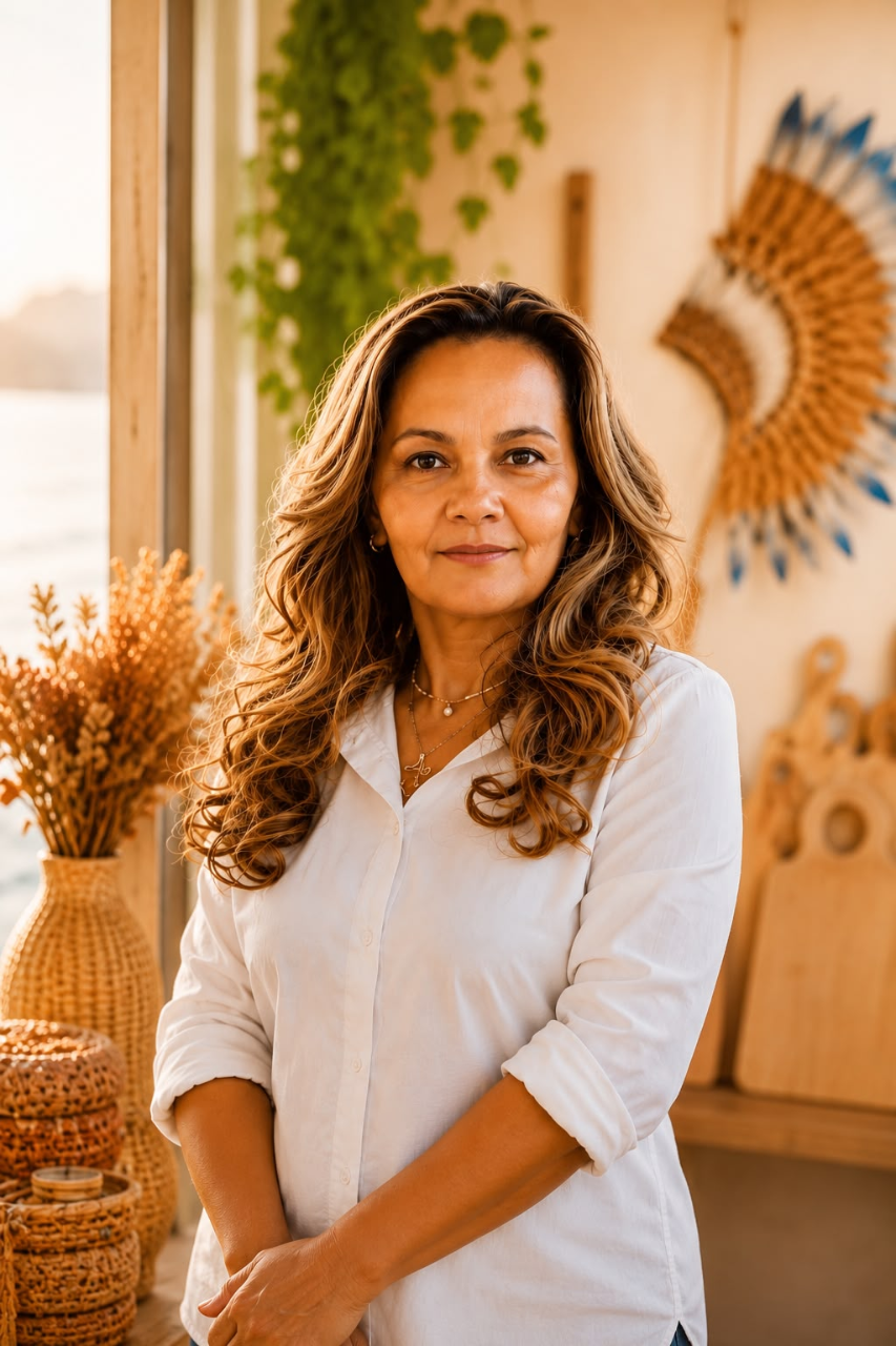 Francisca Mara, fundadora da Marocas, sorrindo na varanda com vista para Copacabana
